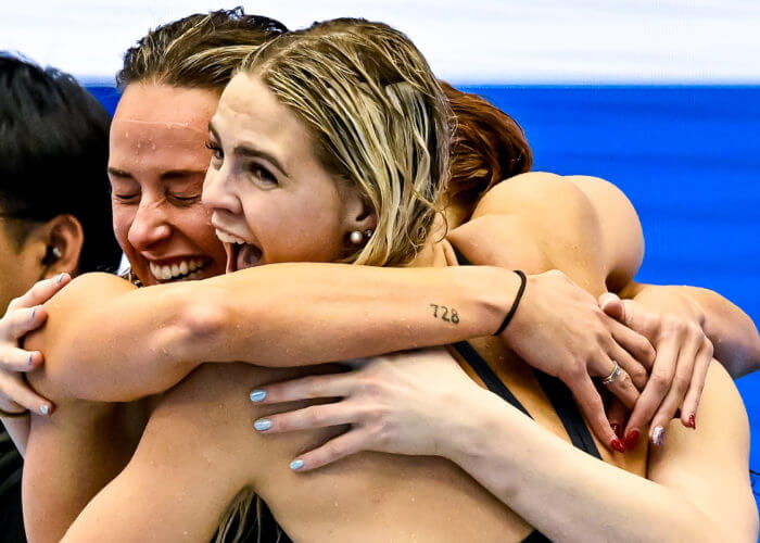Athletes of Team Australia celebrate after winning the gold medal in the 4x200m Freestyle Relay Women Final with a New World Record during the 20th World Aquatics Championships at the Marine Messe Hall A in Fukuoka (Japan), July 27th, 2023.