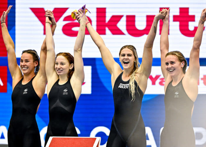 Athletes of Team Australia celebrate after winning the gold medal in the 4x200m Freestyle Relay Women Final with a New World Record during the 20th World Aquatics Championships at the Marine Messe Hall A in Fukuoka (Japan), July 27th, 2023.