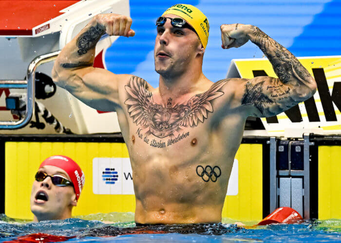 Kyle Chalmers of Australia celebrates after winning the gold medal in the 100m Freestyle Men Final during the 20th World Aquatics Championships at the Marine Messe Hall A in Fukuoka (Japan), July 27th, 2023.