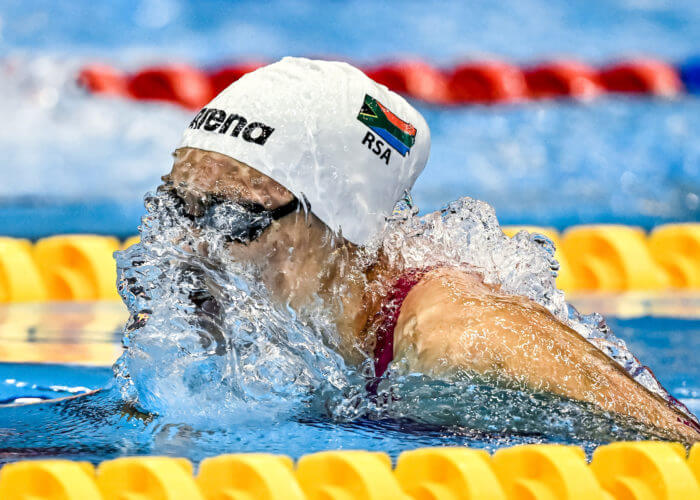 Tatjana Smith (nee Schoenmaker) of South Africa competes in the 200m Breaststroke Women Final during the 20th World Aquatics Championships at the Marine Messe Hall A in Fukuoka (Japan), July 28th, 2023.