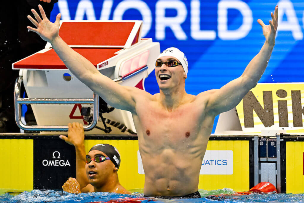 Maxime Grousset of France celebrates after winning the gold medal in the 100m Butterfly Men Final during the 20th World Aquatics Championships at the Marine Messe Hall A in Fukuoka (Japan), July 29th, 2023.