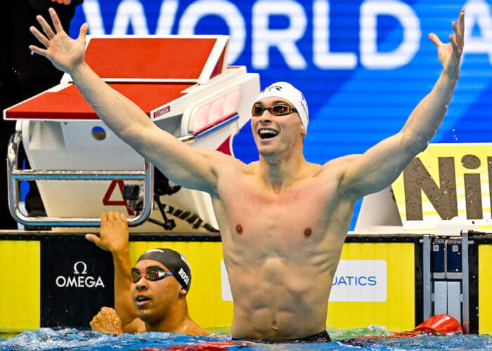 Maxime Grousset of France celebrates after winning the gold medal in the 100m Butterfly Men Final during the 20th World Aquatics Championships at the Marine Messe Hall A in Fukuoka (Japan), July 29th, 2023.