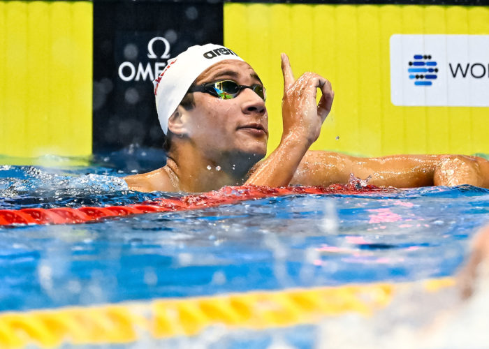 Ahmed Hafnaoui of Tunisia reacts after winning the gold medal in the 1500m Freestyle Men Final during the 20th World Aquatics Championships at the Marine Messe Hall A in Fukuoka (Japan), July 30th, 2023.
