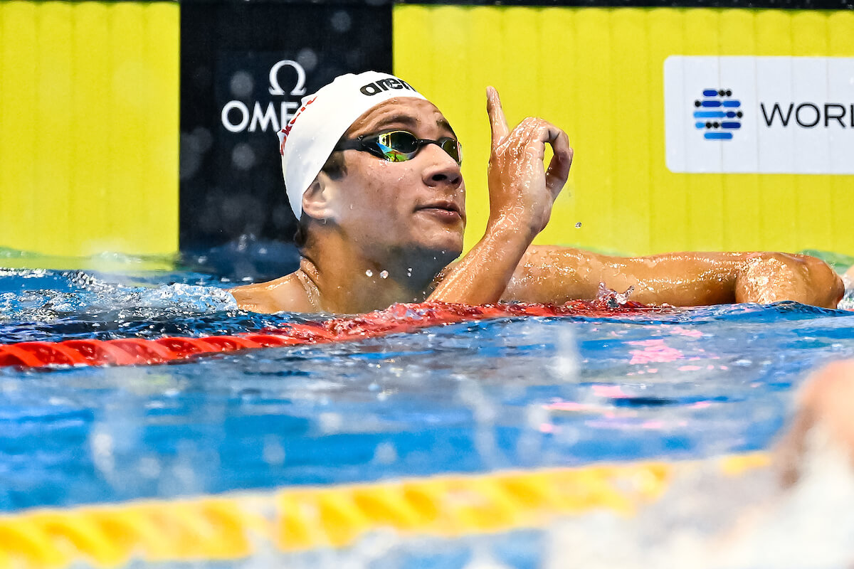 Ahmed Hafnaoui of Tunisia reacts after winning the gold medal in the 1500m Freestyle Men Final during the 20th World Aquatics Championships at the Marine Messe Hall A in Fukuoka (Japan), July 30th, 2023.