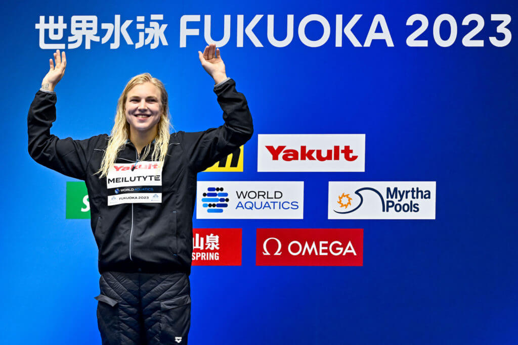 Ruta Meilutyte of Lithuania celebrates after winning the gold medal in the 50m Breaststroke Women Final with a New World Record during the 20th World Aquatics Championships at the Marine Messe Hall A in Fukuoka (Japan), July 30th, 2023.