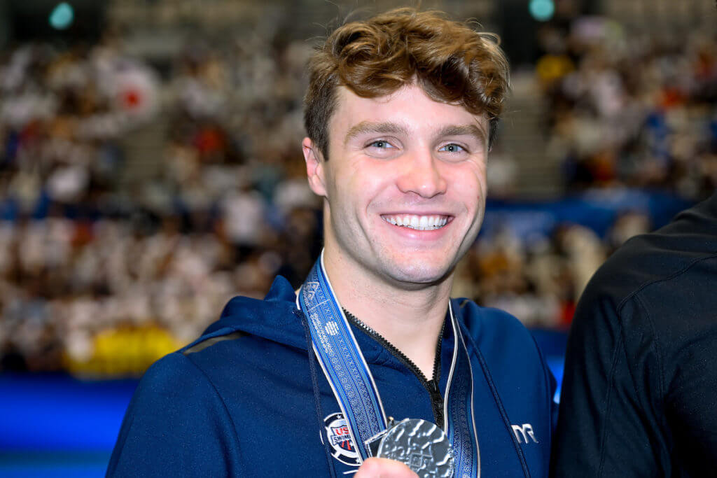 Bobby Finke of the United States of America shows the silver medal after competing in the 1500m Freestyle Men Final during the 20th World Aquatics Championships at the Marine Messe Hall A in Fukuoka (Japan), July 30th, 2023.