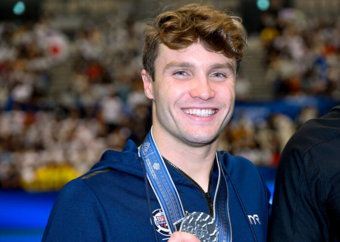 Bobby Finke of the United States of America shows the silver medal after competing in the 1500m Freestyle Men Final during the 20th World Aquatics Championships at the Marine Messe Hall A in Fukuoka (Japan), July 30th, 2023.