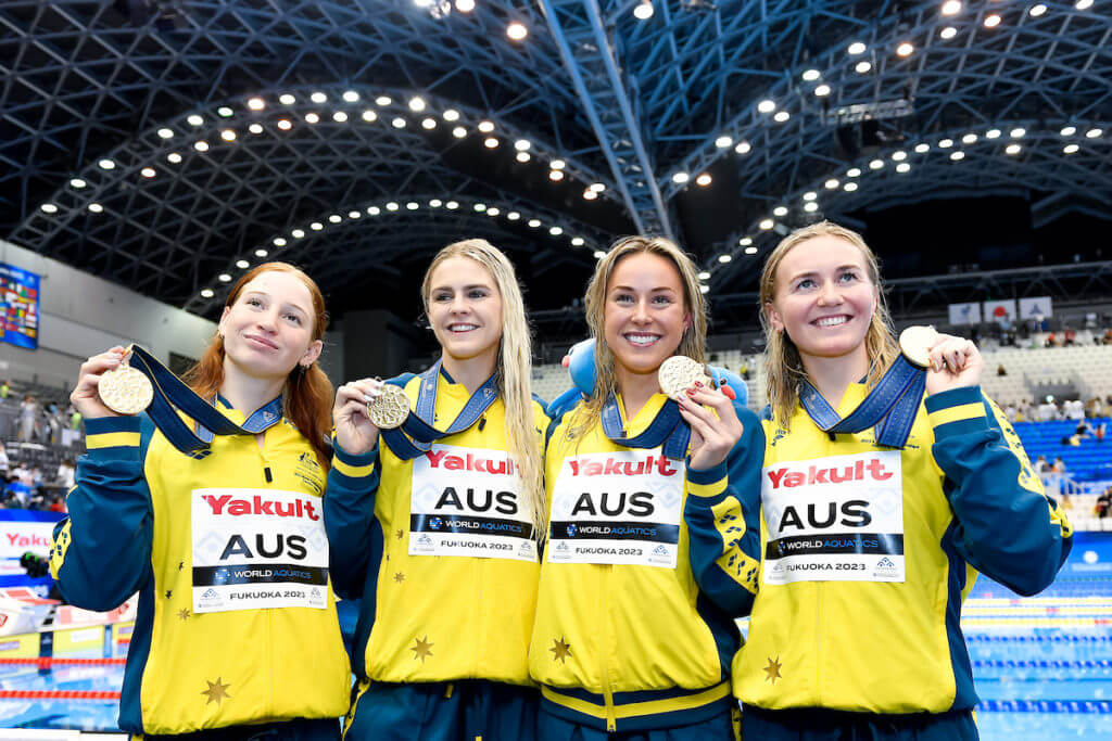 Team Australia show the gold medals after competing in the 4x200m Freestyle Relay Women Final with a New World Record during the 20th World Aquatics Championships at the Marine Messe Hall A in Fukuoka (Japan), July 27th, 2023.
