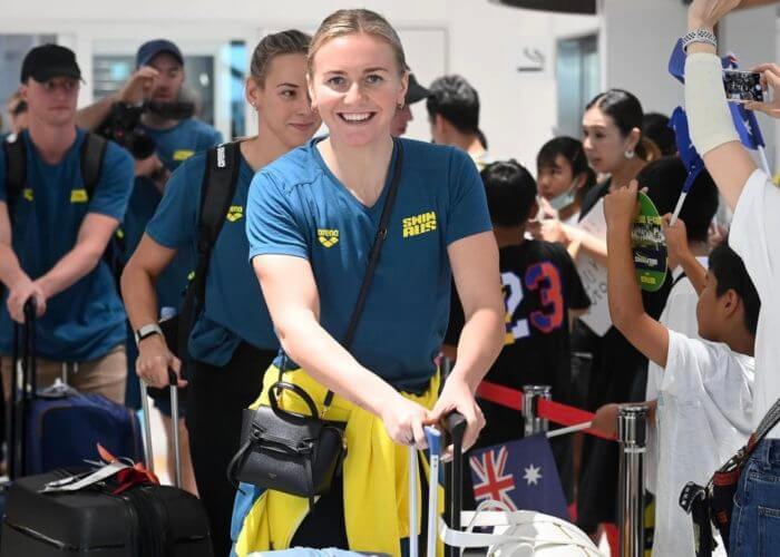 FUKUIOKA TRAINING CAMP 2023 Dolphins arrival Ariarne Titmus Photo Courtesy Delly Carr (Swimming Australia)