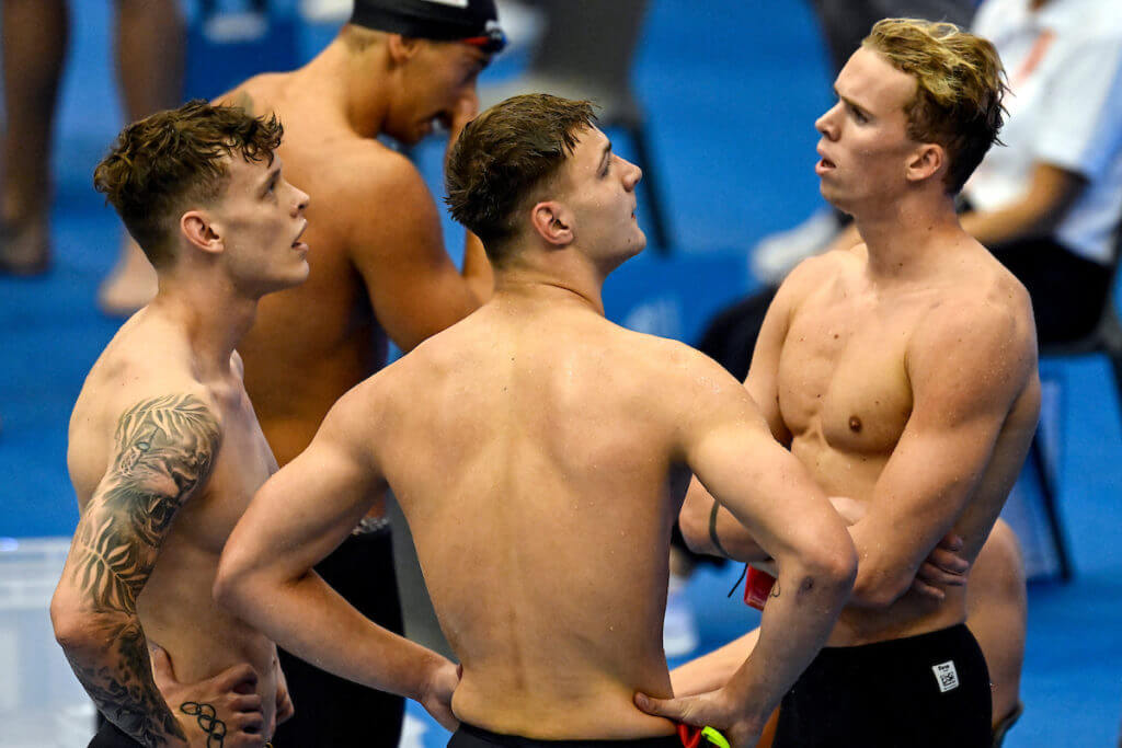 Athletes of Great Britain react after been disqualified in the Men's 4x100 Freestyle relay preliminary during the 20th World Aquatics Championships at the Marine Messe Hall A in Fukuoka (Japan), July 23rd, 2023.