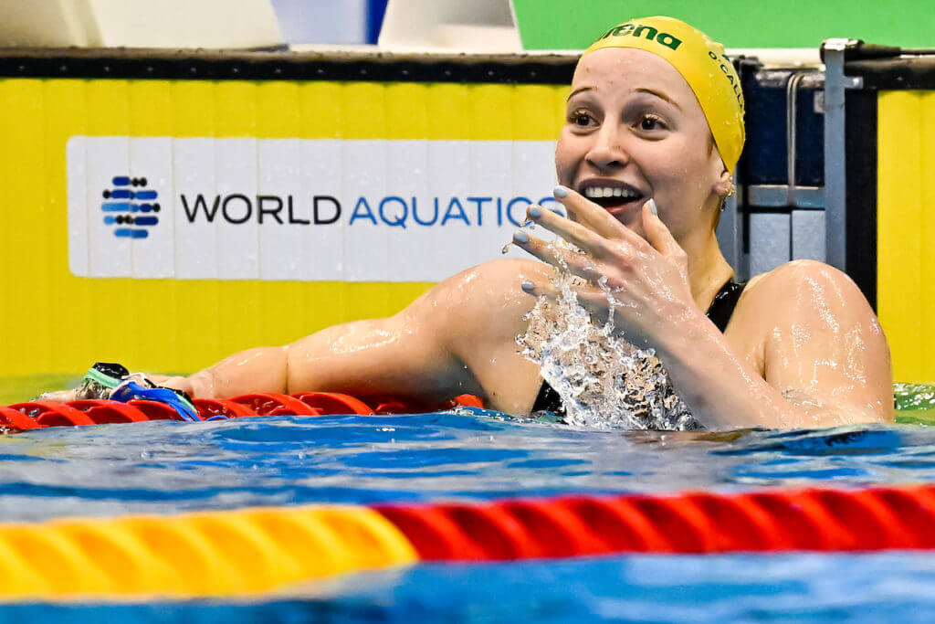 Mollie O'callaghan of Australia reacts after winning the gold medal in the 200m Freestyle Women Final with a New World Record during the 20th World Aquatics Championships at the Marine Messe Hall A in Fukuoka (Japan), July 26th, 2023.