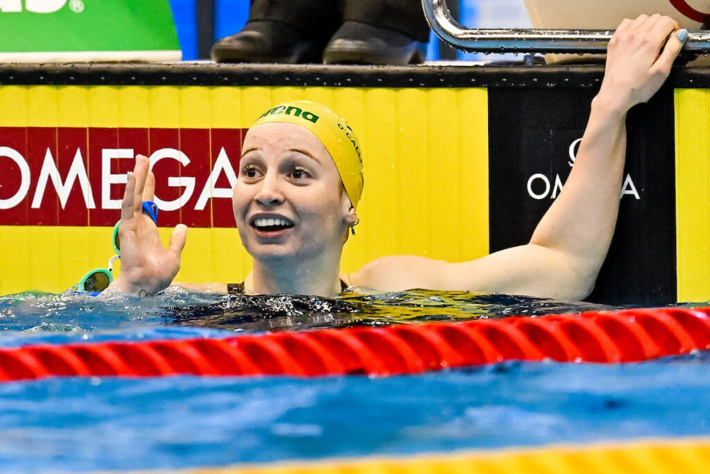 Mollie O'callaghan of Australia reacts after winning the gold medal in the 200m Freestyle Women Final with a New World Record during the 20th World Aquatics Championships at the Marine Messe Hall A in Fukuoka (Japan), July 26th, 2023.