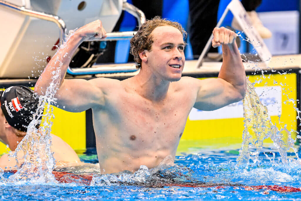 Samuel Short of Australia celebrates after winning the gold medal in the 400m Freestyle Men Final during the 20th World Aquatics Championships at the Marine Messe Hall A in Fukuoka (Japan), July 23rd, 2023.