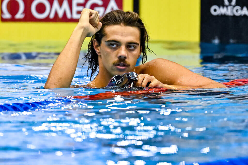 Thomas Ceccon of Italy celebrates after winning the gold medal in the 50m Butterfly Men Final during the 20th World Aquatics Championships at the Marine Messe Hall A in Fukuoka (Japan), July 24th, 2023.