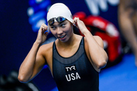 Torri Huske of United States of America during the warm up session at the 20th World Aquatics Championships at the Marine Messe Hall A in Fukuoka (Japan), July 21th, 2023.