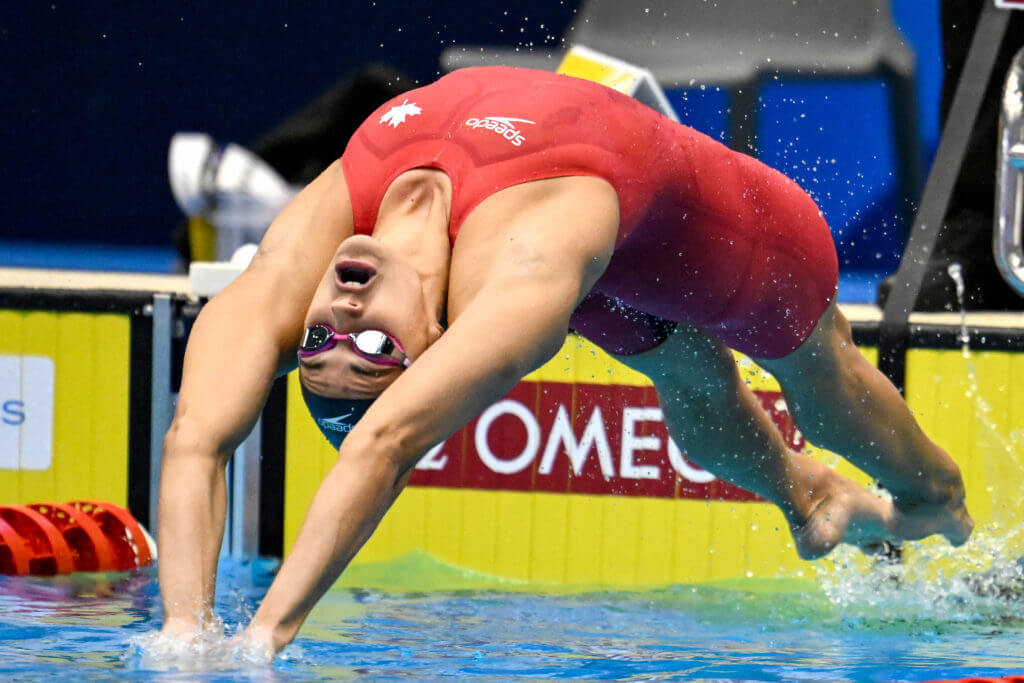 Kylie Masse of Canada compets in the 50m Backstroke Women semifinal during the 20th World Aquatics Championships at the Marine Messe Hall A in Fukuoka (Japan), July 26rd, 2023. Kylie Masse placed 4th.