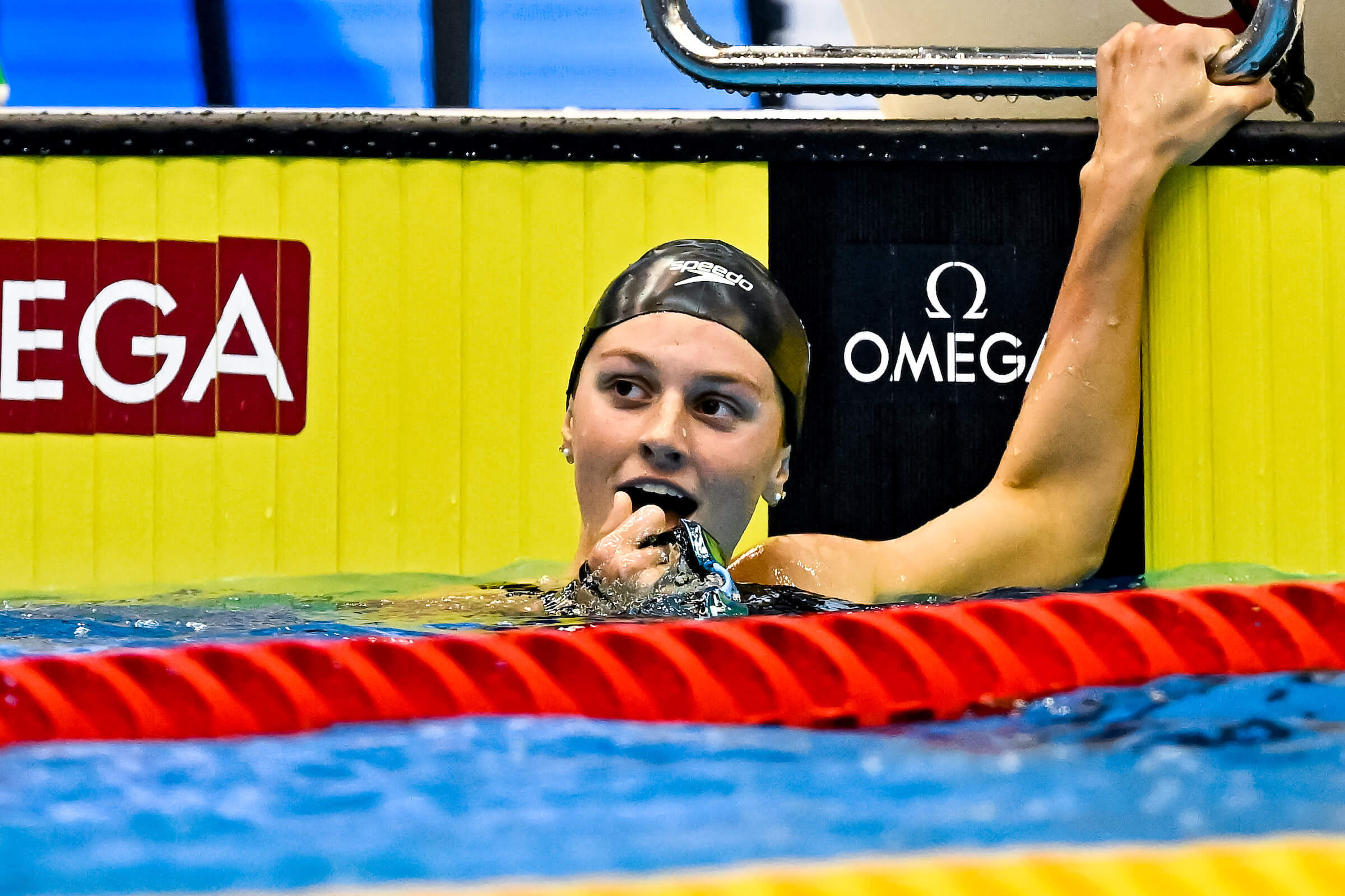 Summer Mcintosh of Canada reacts after winning the gold medal in the 200m Butterfly Women Final with a New World Junior Record during the 20th World Aquatics Championships at the Marine Messe Hall A in Fukuoka (Japan), July 27th, 2023.