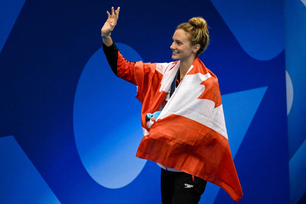 Summer Mcintosh of Canada celebrates after competing in the 200m Butterfly Women Final during the 20th World Aquatics Championships at the Marine Messe Hall A in Fukuoka (Japan), July 27th, 2023. Summer Mcintosh placed first winning the gold medal.