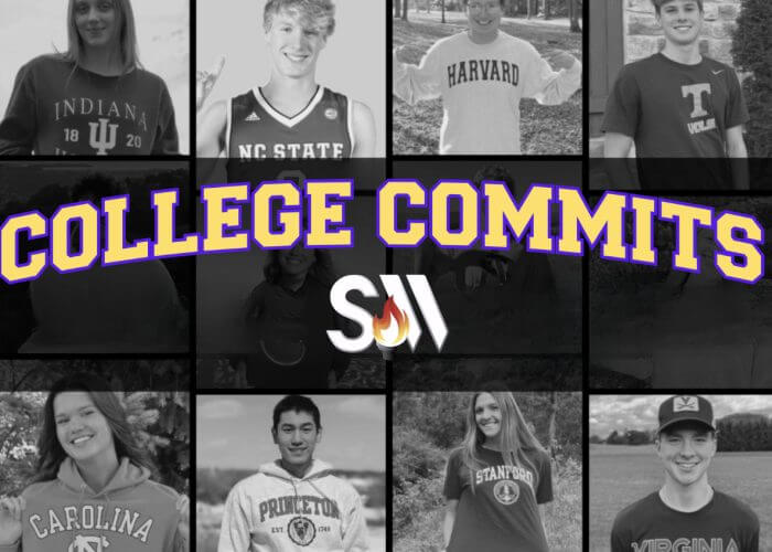 Swimming World College Commits banner with photos of high school swimmers — submit your college swim commitment