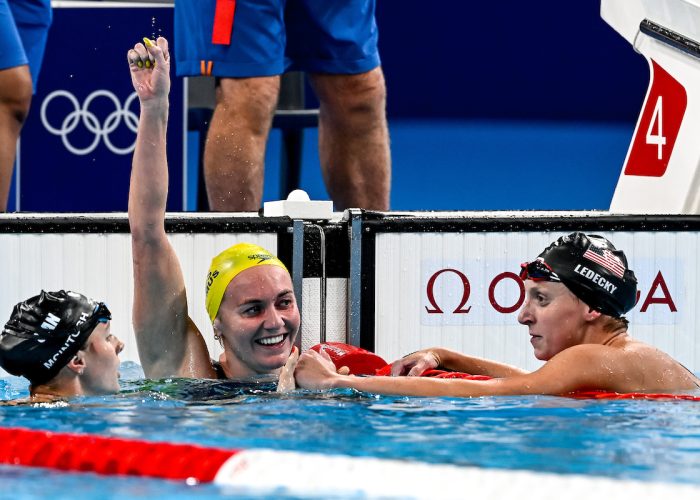 Summer Mcintosh of Canada, silver, Ariarne Titmus of Australia, gold, Katie Ledecky of United States of America, bronze react after competing in the swimming 400m Freestyle Women Final during the Paris 2024 Olympic Games at La Defense Arena in Paris (France), July 27, 2024.