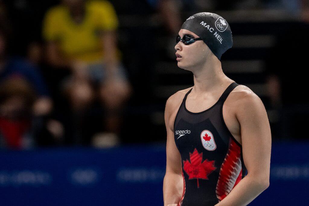 Maggie Mac Neil of Canada prepares to compete in the 100m. Butterfly women during the Paris 2024 Olympic Games at La Defense Arena in Paris (France), July 27, 2024.