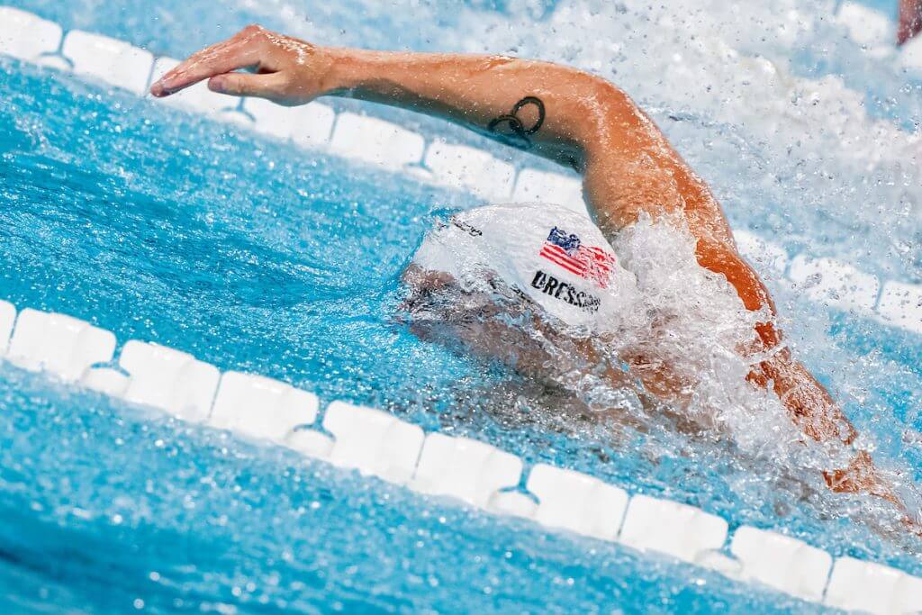 Caeleb Dressel of United States of America competes in the 4x100m. Freestyle Men relay during the Paris 2024 Olympic Games at La Defense Arena in Paris (France), July 27, 2024.