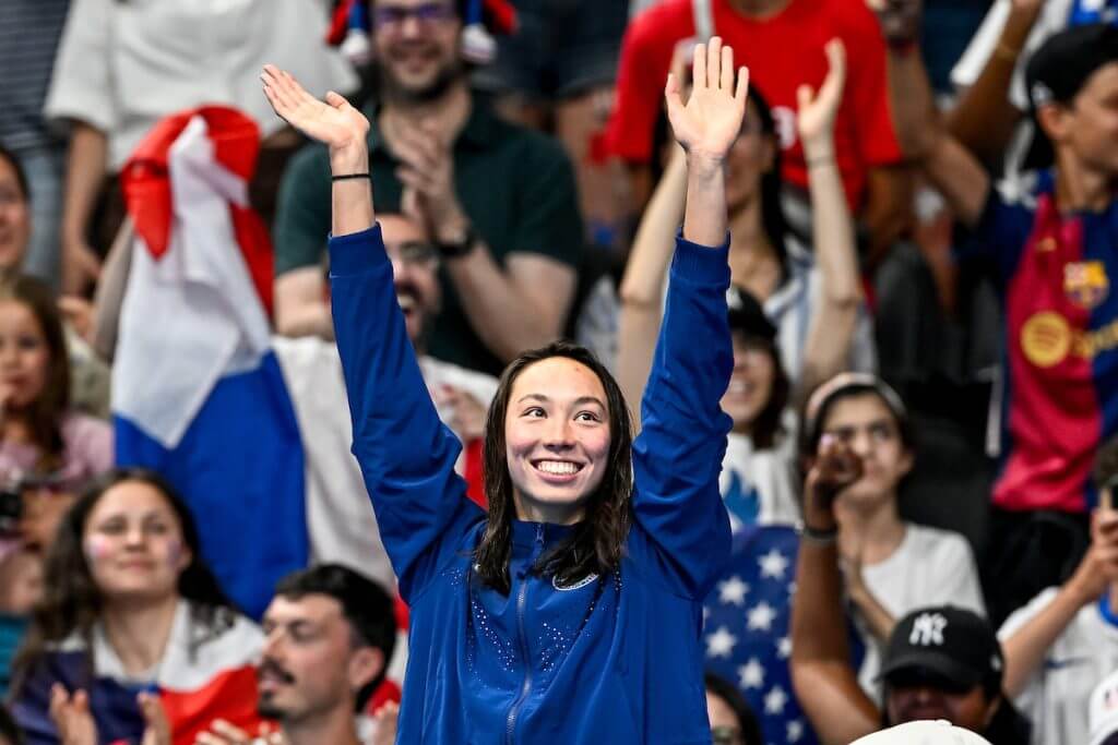 Torri Huske of United States of America celebrates after winning the gold medal in the swimming 100m Butterfly Women Final during the Paris 2024 Olympic Games at La Defense Arena in Paris (France), July 28, 2024.