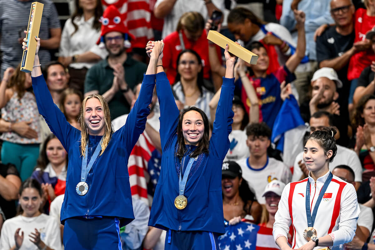 Gretchen Walsh of United States of America, silver, Torri Huske of United States of America, gold, Yufei Zhang of China, bronze stand with the medals after competing in the swimming 100m Butterfly Women Final during the Paris 2024 Olympic Games at La Defense Arena in Paris (France), July 28, 2024.