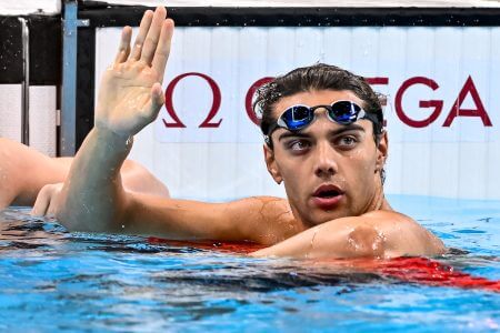 Thomas Ceccon of Italy reacts after competing in the swimming 100m Backstroke Men Semifinals during the Paris 2024 Olympic Games at La Defense Arena in Paris (France), July 28, 2024.