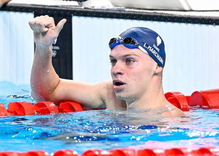 Leon Marchand of France reacts after competing in the swimming 400m Individual Medley Men Heats during the Paris 2024 Olympic Games at La Defense Arena in Paris (France), July 28, 2024.