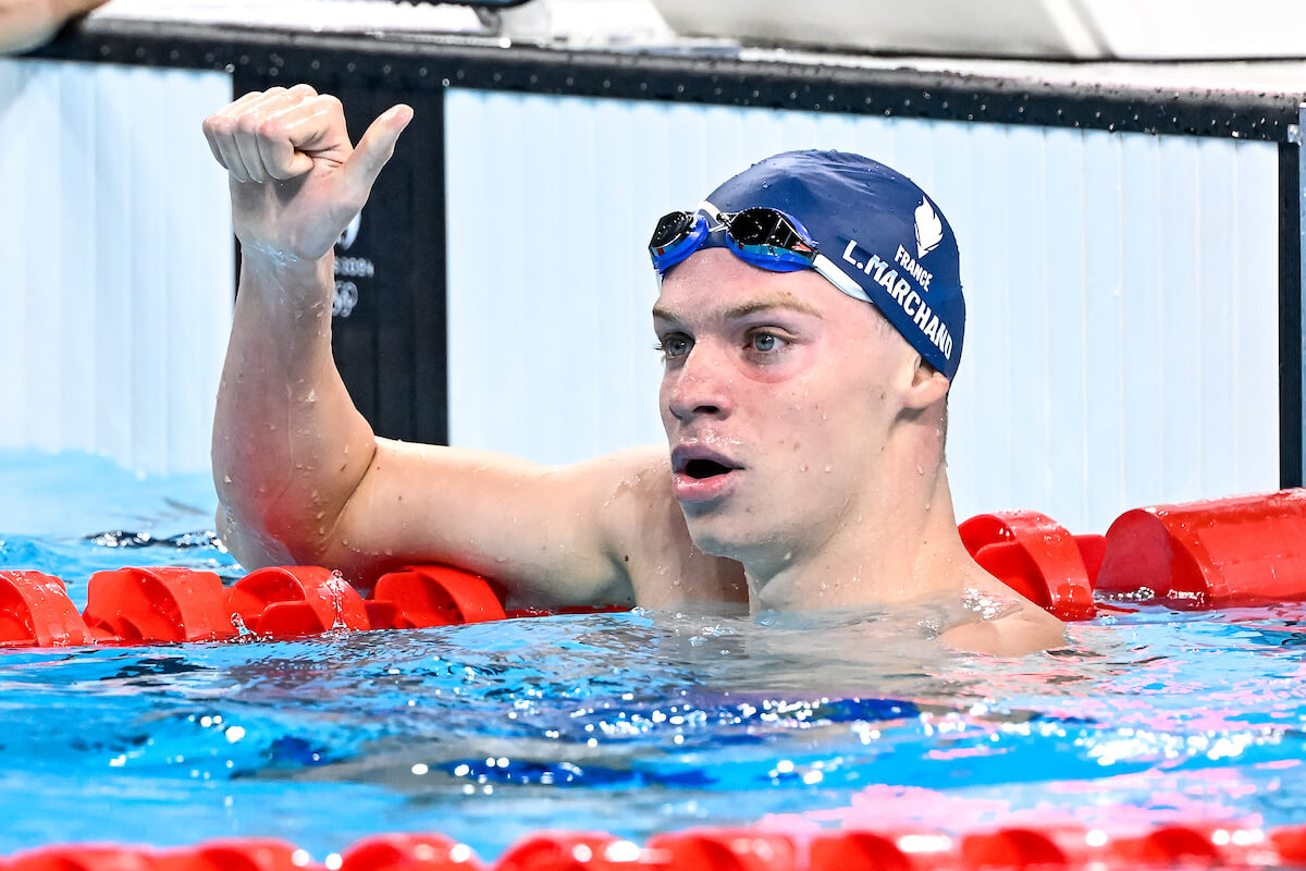 Leon Marchand of France reacts after competing in the swimming 400m Individual Medley Men Heats during the Paris 2024 Olympic Games at La Defense Arena in Paris (France), July 28, 2024.