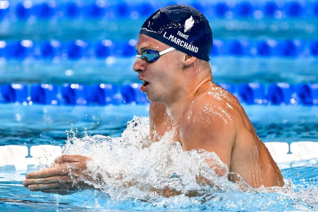 Leon Marchand of France competes in the swimming 400m Individual Medley Men Heats during the Paris 2024 Olympic Games at La Defense Arena in Paris (France), July 28, 2024.