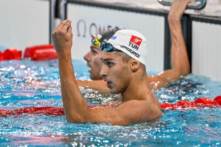 Ahmed Jaouadi of Tunisia reacts after competing in the Men's 800m Freestyle preliminary during the Paris 2024 Olympic Games at La Defense Arena in Paris (France), July 29, 2024.