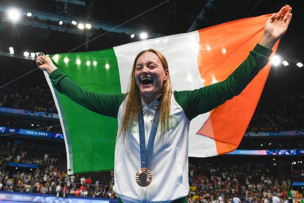 Mona McSharry of Ireland celebrates after the medal ceremony of the 100m Breaststroke Women Final during the Paris 2024 Olympic Games at La Defense Arena in Paris (France), July 29, 2024. Mona McSharry placed third winning the bronze medal.