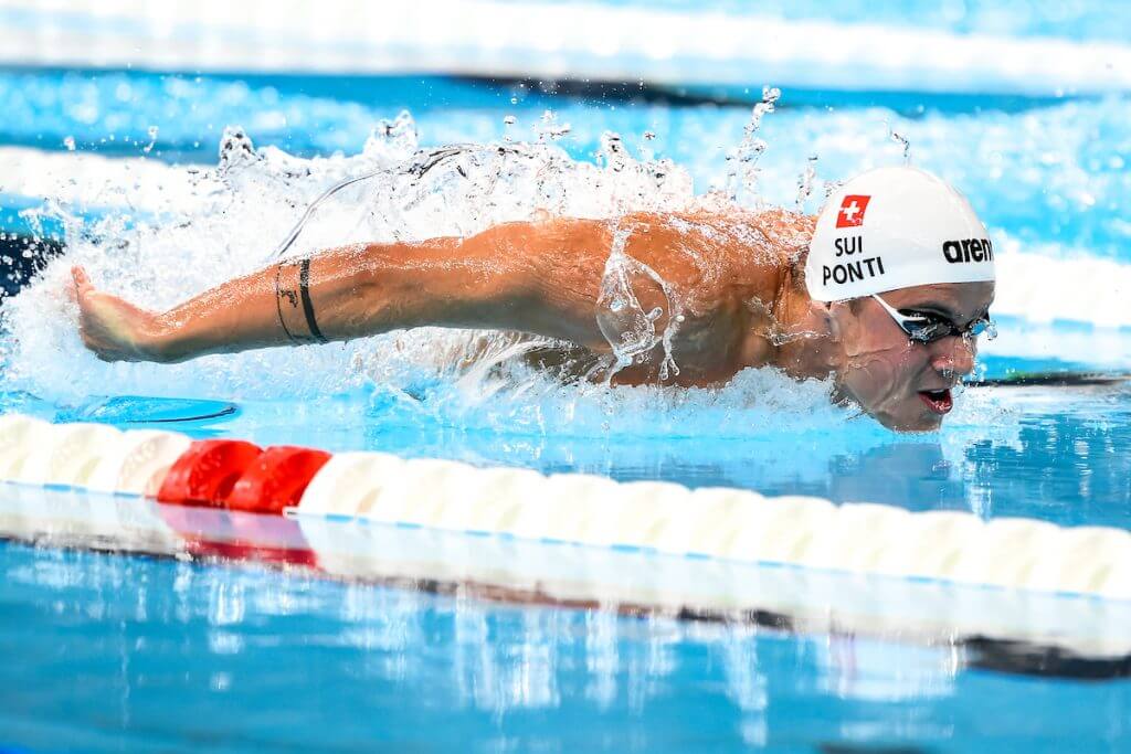 Noe Ponti of Switzerland competes in the swimming 200m Butterfly Men Semifinals during the Paris 2024 Olympic Games at La Defense Arena in Paris (France), July 30, 2024.