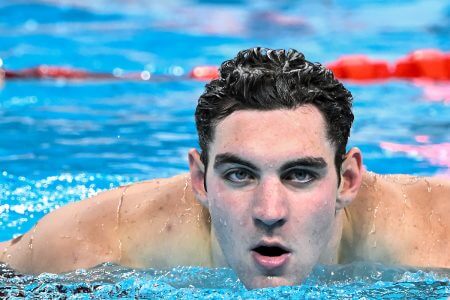 Jack Alexy of United States of America reacts after competing in the swimming 100m Freestyle Men Heats during the Paris 2024 Olympic Games at La Defense Arena in Paris (France), July 30, 2024.