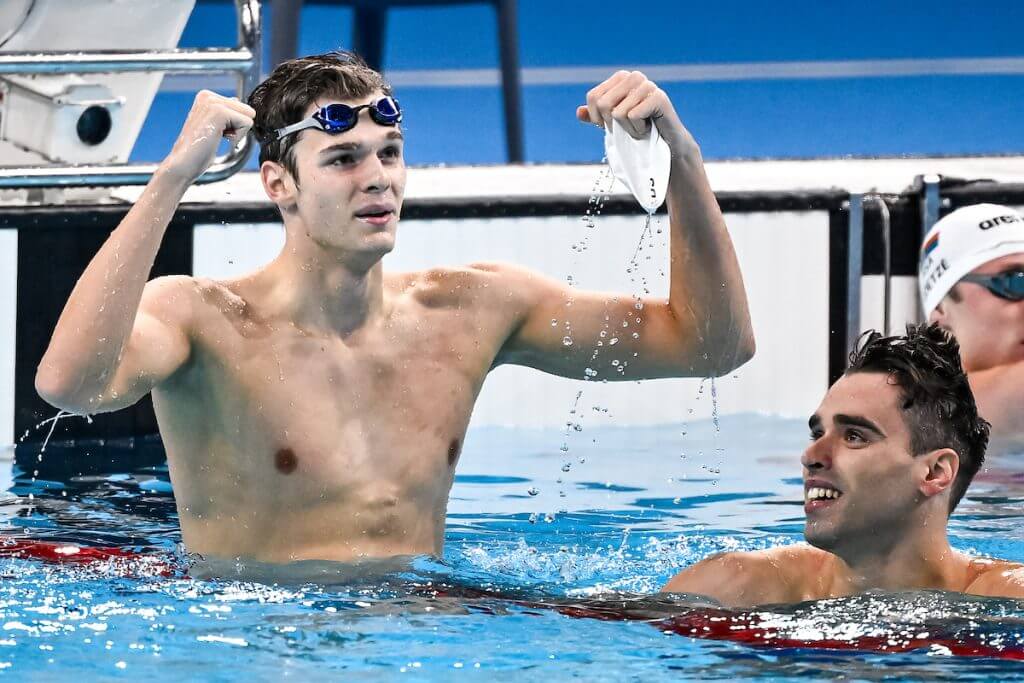 Hubert Kos of Hungary, gold and Apostolos Christou of Greece, silver react after competing in the swimming 200m Backstroke Men Final during the Paris 2024 Olympic Games at La Defense Arena in Paris (France), August 01, 2024.