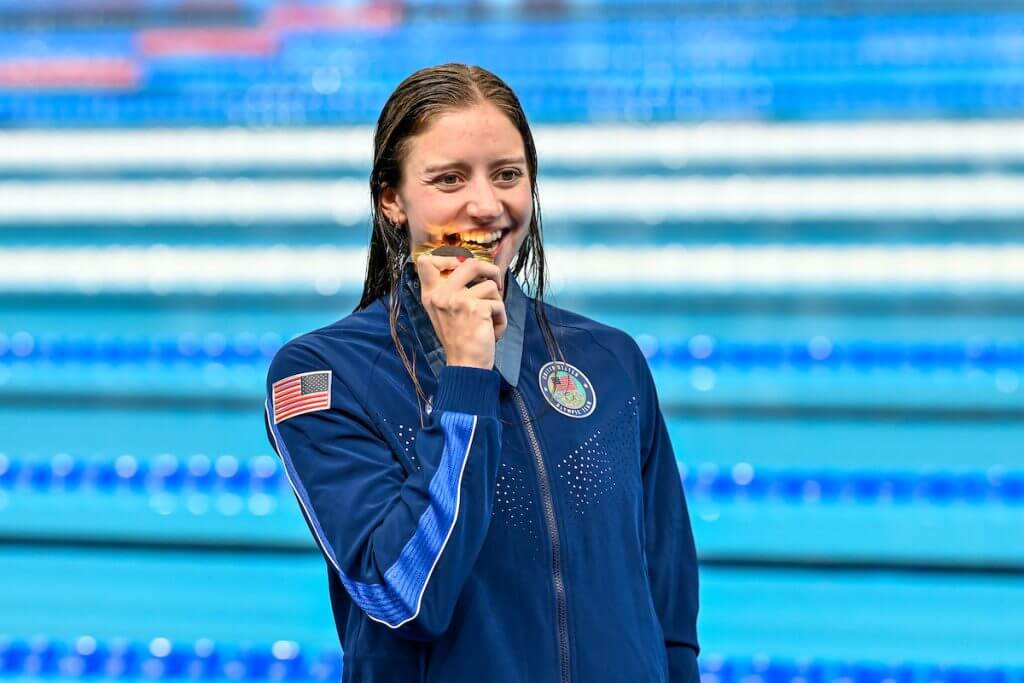 Kate Douglass of United States of America shows the gold medal after competing in the swimming 200m Breaststroke Women Final during the Paris 2024 Olympic Games at La Defense Arena in Paris (France), August 01, 2024.