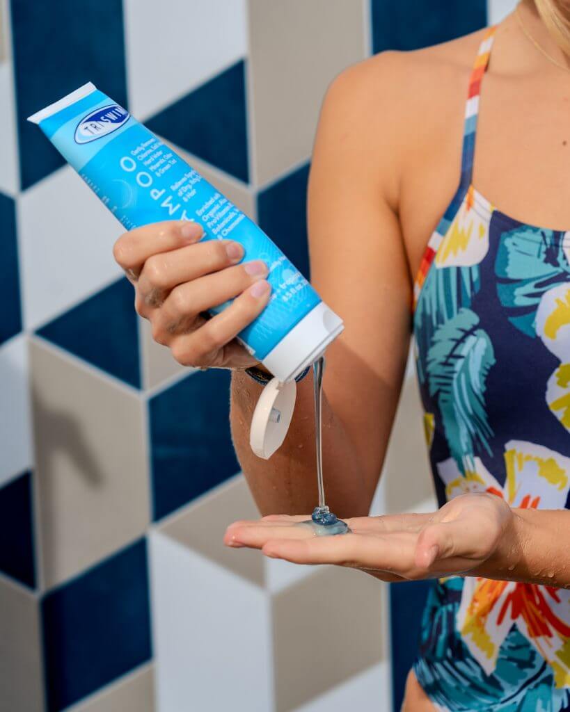 TRISWIM chlorine removal shampoo on pool deck