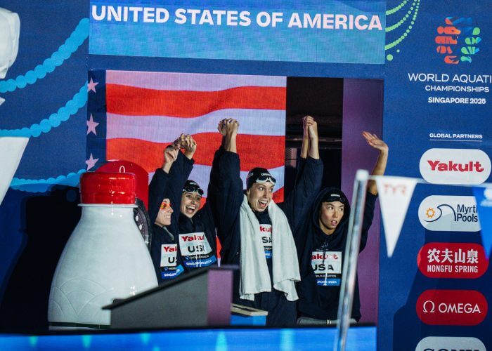 Regan Smith, kate Douglass, Gretchen Walsh, Torri Huske before the 4x100 medley