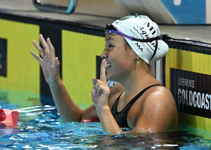 MAGNIFICIENT SEVEN: Lucy Ma's special claim on the Gold Coast. Photo Courtesy Delly Carr (Swimming Australia).